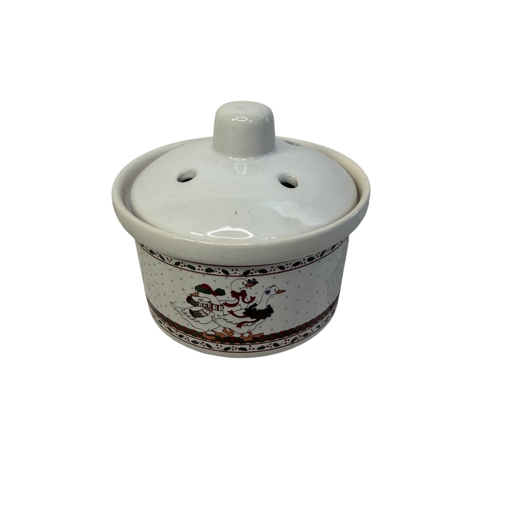 Vintage Christmas Goose Ceramic Potpourri Simmer Crock Garlic Keeper With Lid